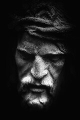 Antique statue of suffering of Jesus Christ crown of thorns. Black and white image. Fragment. Black...