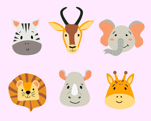 Cute faces of African animals.  Zebra, elephant, lion, giraffe, antelope and rhinoceros in a flat cartoon style. Funny wild animals. Isolated background.