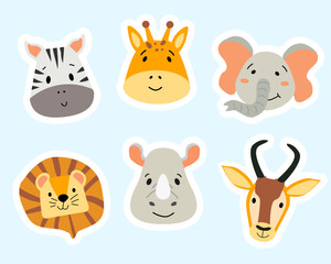 Obraz na płótnie Canvas Stickers with African animals. Beautiful stickers with the faces of wild animals. Zebra, elephant, lion, giraffe, antelope and rhinoceros in flat cartoon style. Isolated background.