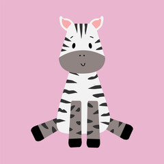 Fototapeta na wymiar Vector cartoon zebra. Cute flat style zebra. Popular wild, African animal. Pink isolated background. Children's illustration.
