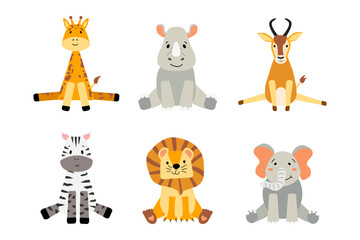 Obraz na płótnie Canvas Set of cute African animals. Zebra, elephant, lion, giraffe, antelope and rhinoceros in flat cartoon style. Isolated background.