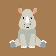 Vector cartoon rhinoceros. Cute rhinoceros in a flat style. Popular wild, African animal. Brown isolated background. Children's illustration.