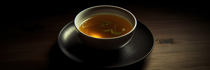 Fototapeta premium Cup of Tea, Steam Rises from Hot Aromatic Black tea mug, Rustic Wooden Table on Dark Background