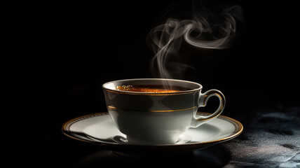 Cup of  Tea, Steam Rises from Hot Aromatic Black tea mug, Rustic Wooden Table on Dark Background
