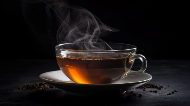 Cup of  Tea, Steam Rises from Hot Aromatic Black tea glass mug, Wooden Table on Dark Background