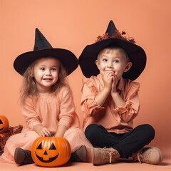 Two adorable little kids celebrating Halloween