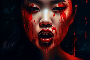 Asian girl with red paint dripping from her face. Halloween concept