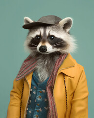 Raccoon in clothes, in suit, fashion and stylish retro style portrait generative ai