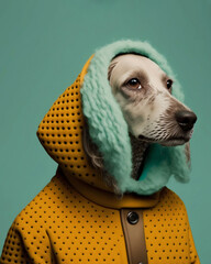 Dog in clothes, in the hood, fashion and stylish retro style portrait generative ai