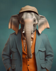Elephant in clothes, in suit, fashion and stylish retro style portrait generative ai