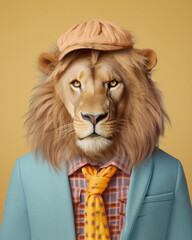 Lion in clothes, in suit, fashion and stylish retro style portrait generative ai