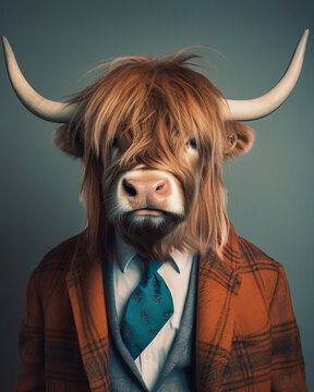 Highland cattle cow in clothes, in suit, fashion and stylish retro style portrait generative ai