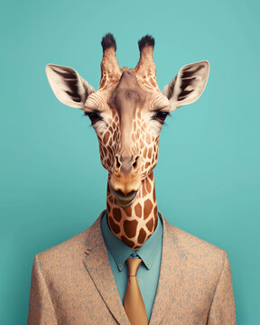 Giraffe in clothes, in suit, fashion and stylish retro style portrait generative ai