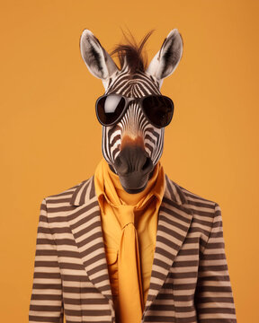 Zebra in glasses in clothes, in suit, fashion and stylish retro style portrait generative ai