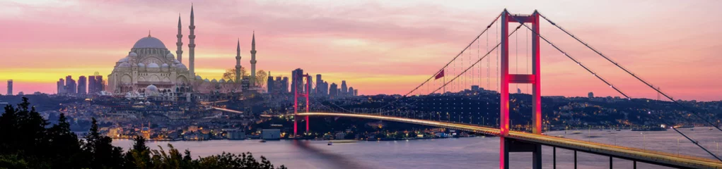 Gardinen Brücken Istanbul Bosphorus panoramic photo. Istanbul landscape beautiful sunset with clouds Suleymaniye Mosque double exposure, Bosphorus Bridge,  Istanbul Turkey.Best touristic destination of Istanbul  © Ahmetpekts