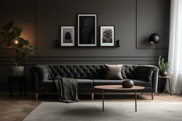 Modern living room with a black couch and minimalistic grey wall. Generative AI