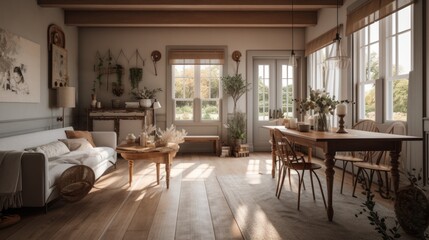 Fototapeta premium Farmhouse interior design room with beautiful lightning generative ai
