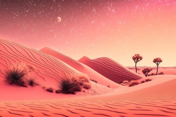 Desert Landscape with Sand Dunes and Pink Gradient Starry Sky. Empty Contemporary Background Generative AI