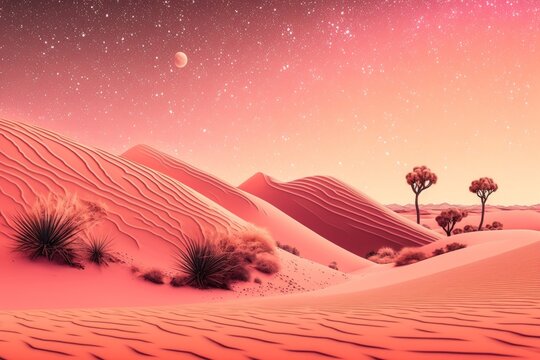 Desert Landscape with Sand Dunes and Pink Gradient Starry Sky. Empty Contemporary Background Generative AI © Kishore Newton