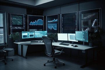 Office with trading setup, financial charts, forex trading, crypto trading, stocks trading, trading charts, monitors with charts, financial markets, charts analysis, finance statistics. Generative AI
