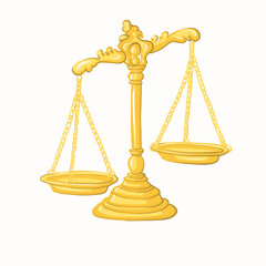 Hand drawn illustration yellow gold color scales of justice isolated on white. High quality illustration