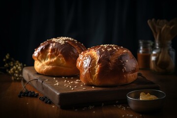 A pair of baked brioche pastries with butter and grains on display. Generative AI