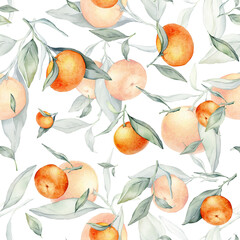 Seamless watercolour citrus fruits and leaves pattern. Green leaves and orange fruits on white background. Seamless mandarin and oranges watercolour illustration
