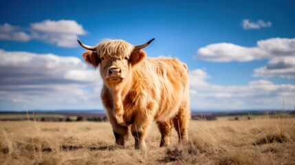 Fluffy cow in beautiful sunny plains field generative ai