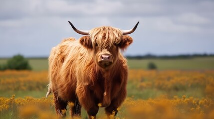 Fluffy cow in beautiful sunny plains field generative ai