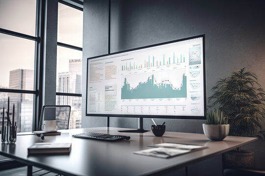 Office with trading setup, financial charts, forex trading, crypto trading, stocks trading, trading charts, monitors with charts, financial markets, charts analysis, finance statistics. Generative AI