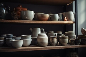 Fototapeta na wymiar Shelf of ceramic kitchen items. Generative AI
