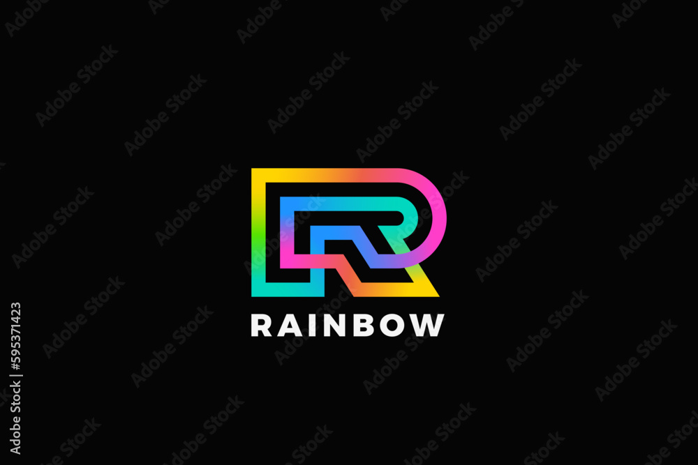 Poster letter r logo monogram loop infinite design linear outline style colorful vector template.