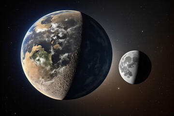Fototapeta premium Earth and moon very close, view from space, ai Generative AI