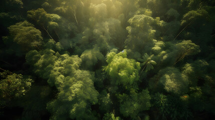 Naklejka na ściany i meble A stunning aerial view of a lush green forest, with sunlight streaming through the canopy, creating a magical atmosphere.