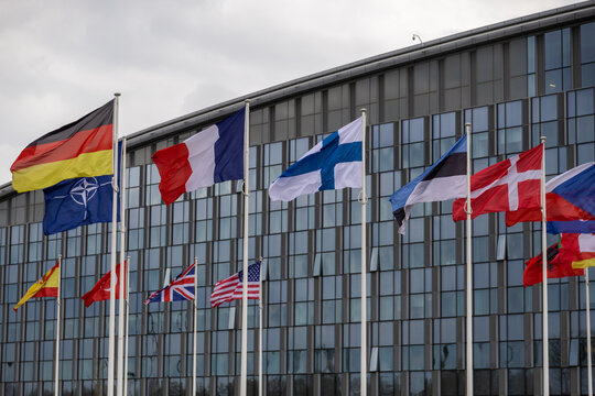 The national flags of countries member of the NATO fly outside the organisation headquarters in Brussels, Belgium on April 20 2023.
