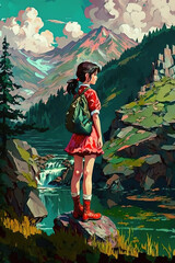 a lonely anime girl standing on a little rock in front of a lake, red dress, oil painting style, generative ai technology