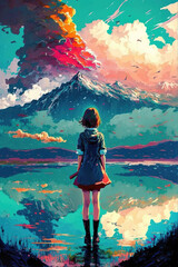 Obraz na płótnie Canvas a cool beautiful illustration of a brave anime girl standing in a lake in front of a big mountain, fairytale style, generative ai technology
