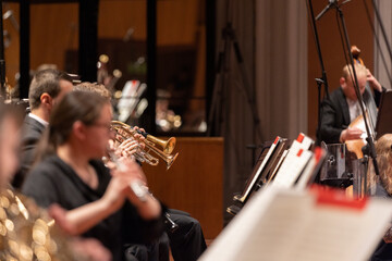 The bells of two rotory trumpets visible during a live symphony orchcestra concert