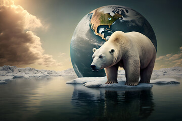 Polar bear standing on melting ice sheet, global warming, climate change, Generative AI