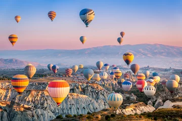 Gardinen Farbenfroh Aerial view of a fleet of hot air balloons, in Cappadocia, Turkey, at sunrise. Cappadocia is a popular tourist destination.  © mandritoiu