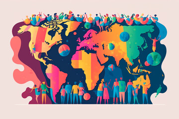 World map with multicolored vibrant colors, symbolizing the global fight for equality and acceptance for the LGBTQ+ community, showcasing that love knows no borders or boundaries. Generative AI.