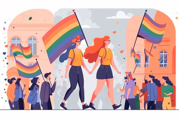 Two lesbian women proudly walking hand in hand during a gay pride parade with rainbow flags, represents love and acceptance for the LGBTQ+ community. Generative AI Illustration.