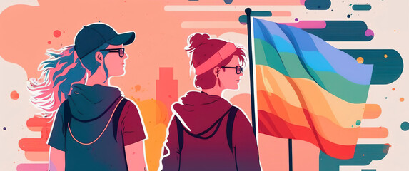 Two women with rainbow flags walk proudly during a pride parade, showing the world that love is love and everyone deserves to be accepted for who they are. LGBT community. Generative AI Illustration.
