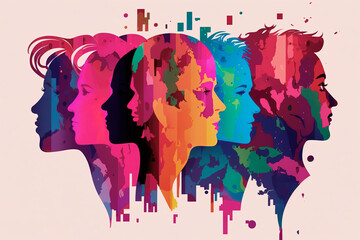 Colorful illustration depicting the faces of diverse women, united in the fight for women's empowerment and LGBTQ+ rights, symbolizing the beauty of diversity and the power of unity. Generative AI.