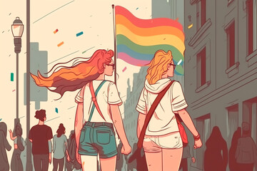 Two lesbian women proudly walking with rainbow flags in a pride parade is a powerful statement of love, acceptance, and solidarity with the LGBTQ+ community. Generative AI Illustration.