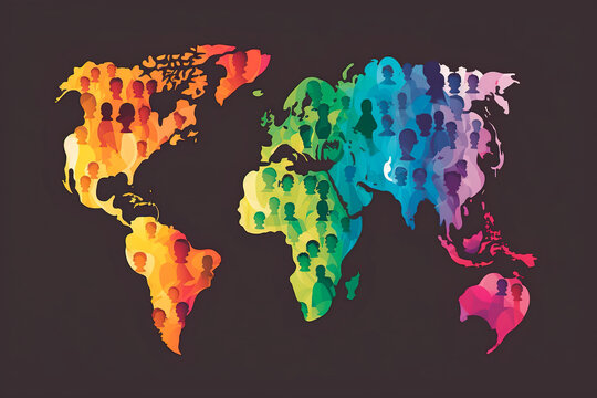 Colorful and vibrant world map illustration, showcasing the diversity of the global LGBTQ+ community with multi-colored countries representing equality and acceptance for all. Generative AI.
