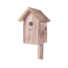 Obraz na płótnie Canvas Cute wood birdhouse. Watercolor illustration for postcard. Clipart