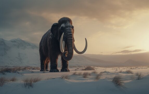 Wild prehistoric woolly mammoth standing on an empty ice age landscape. Generative AI