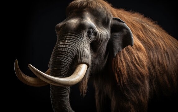 Studio shot styled illustration of a mammoth on a black background. Generative AI