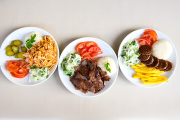 Lavash zurna doner kebab ( zurna  durum )  or shawarma sliced in plate isolated.  hatay usulu tavuk Et doner durum. Gobit ekmek arasi doner. Pilavustu iskender doner kebap. 